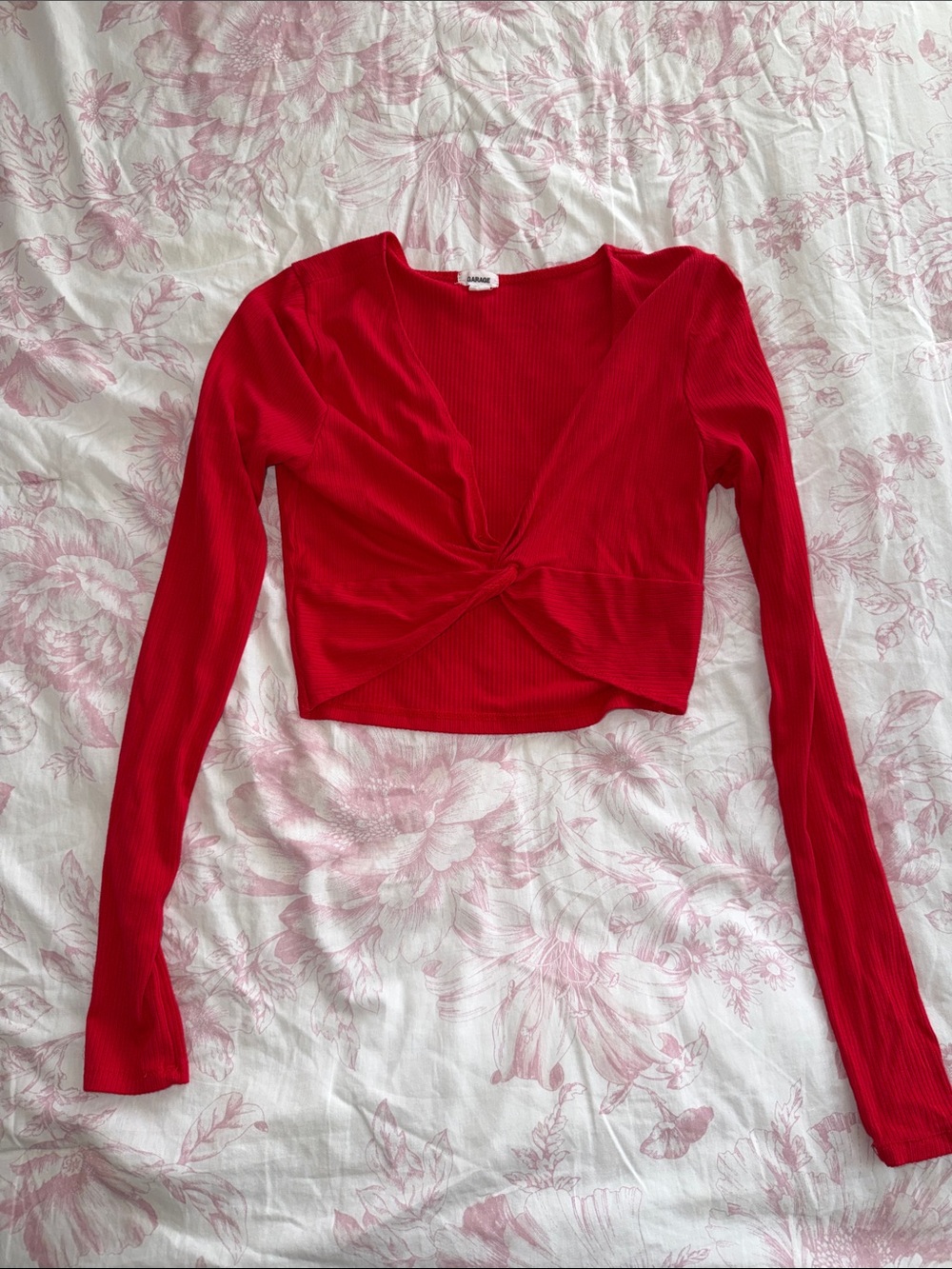 Garage Red Twist-Front Long Sleeve Crop Top